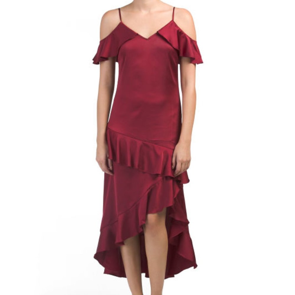 NEW Cold Shoulder Ruffled Hi Lo Maxi Dress Sz M